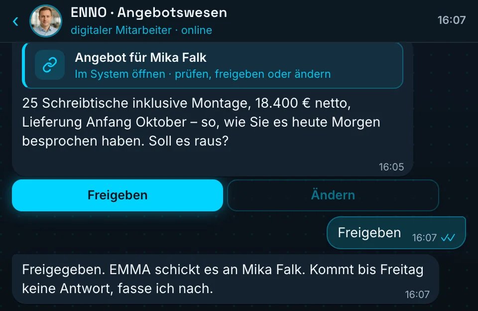 Freigabe im Chat: ENNO schickt den Link zum Angebot für Mika Falk, Sie geben es mit einem Tipp frei – 25 Schreibtische inklusive Montage, 18.400 € netto, Lieferung Anfang Oktober.