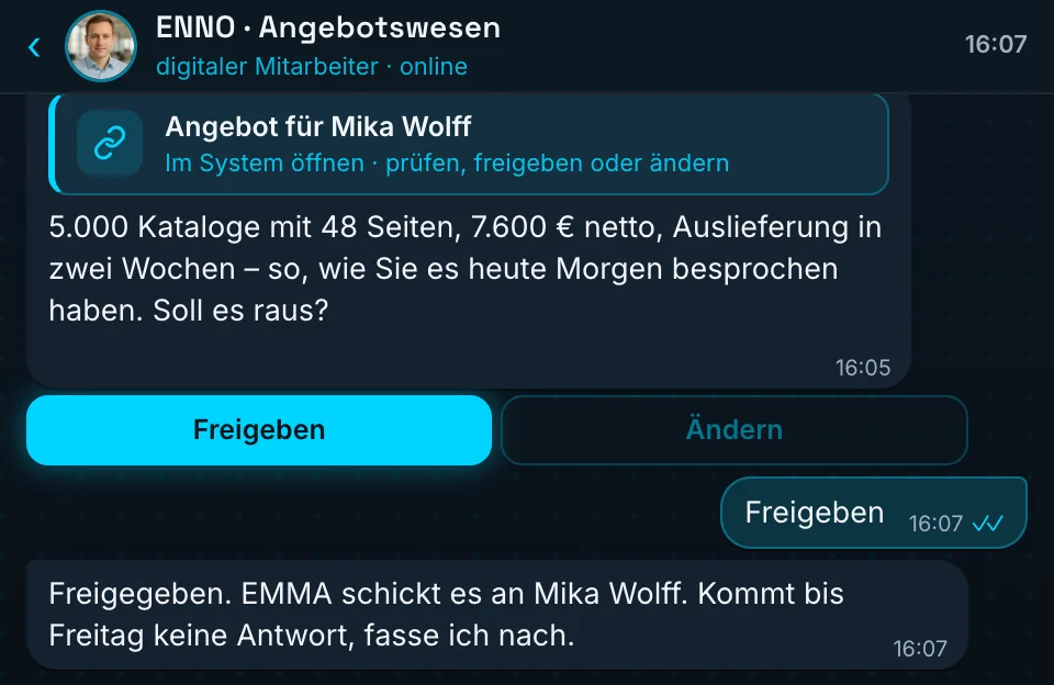 Freigabe im Chat: ENNO schickt den Link zum Angebot für Mika Wolff, Sie geben es mit einem Tipp frei – 5.000 Kataloge mit 48 Seiten, 7.600 € netto, Auslieferung in zwei Wochen.