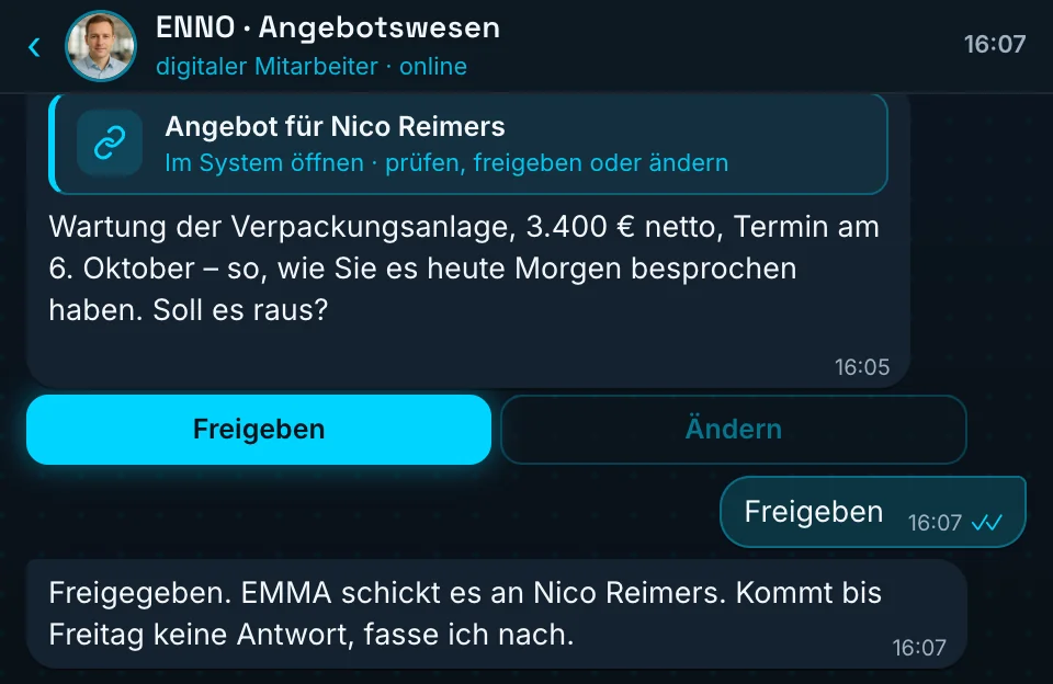Freigabe im Chat: ENNO schickt den Link zum Angebot für Nico Reimers, Sie geben es mit einem Tipp frei – Wartung der Verpackungsanlage, 3.400 € netto, Termin am 6. Oktober.